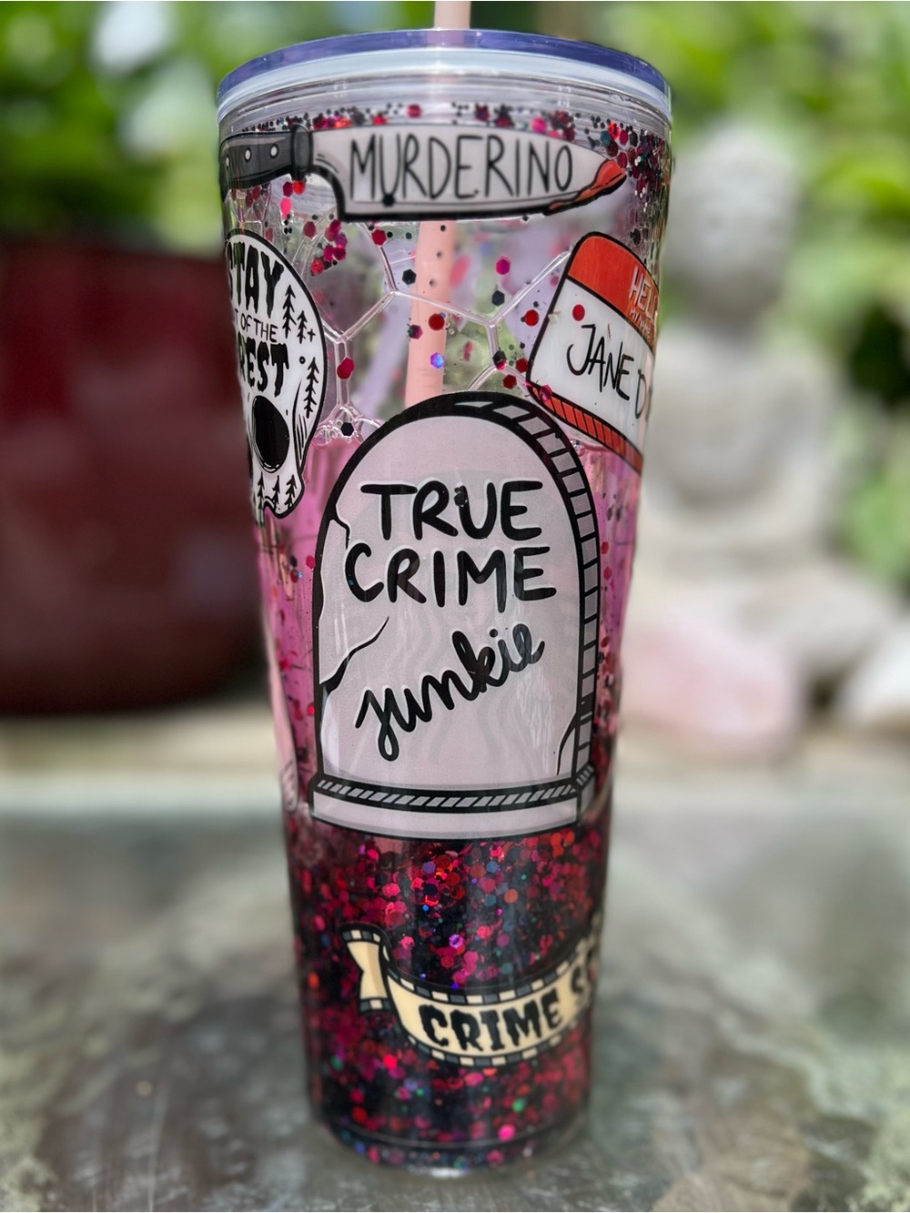 True Crime Junkie Glitter Tumbler - Pink & Red